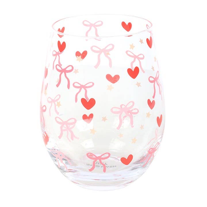 Stemless glass with bow and heart pattern
