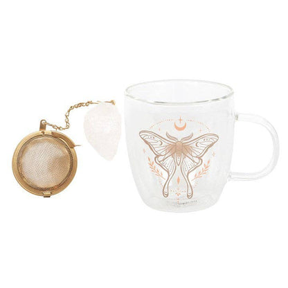 Mug en verre double paroi avec infuseur de thé en cristal et motif de Papillon lunaire
