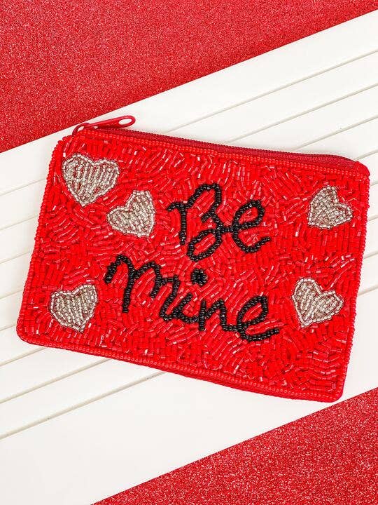 Pochette zippée à perles rouges « Be Mine »