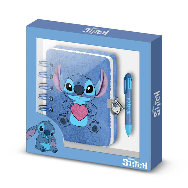 Conjunto de Diário de Peluche + Caneta Lilo & Stitch de 6 Cores - Coração do Stitch