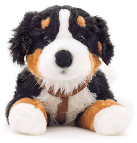 Peluche a forma di cane da montagna bernese reclinato (con imbracatura)