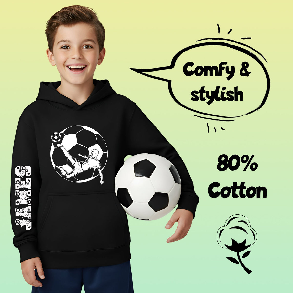Sweat à capuche football – Fringoo football noir for Boys Cotton Rich Soft Hooded – football Sleeve noir
