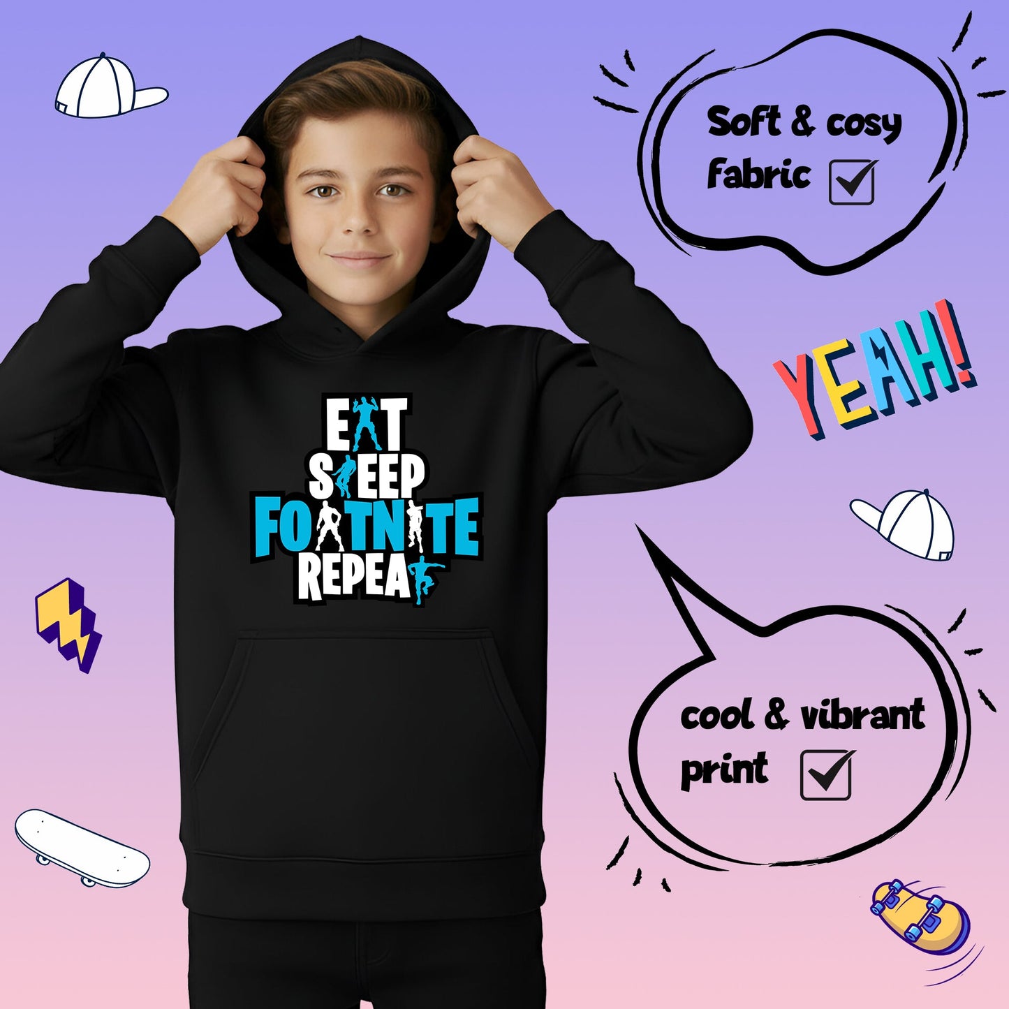 Fringoo Gamer Hoodie Black for Boys Cotton Rich Soft Hooded Sweatshirt - Eat Fortnite Black