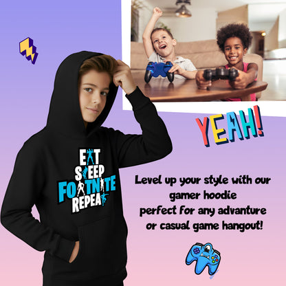 Fringoo Gamer Hoodie Black for Boys Cotton Rich Soft Hooded Sweatshirt - Eat Fortnite Black