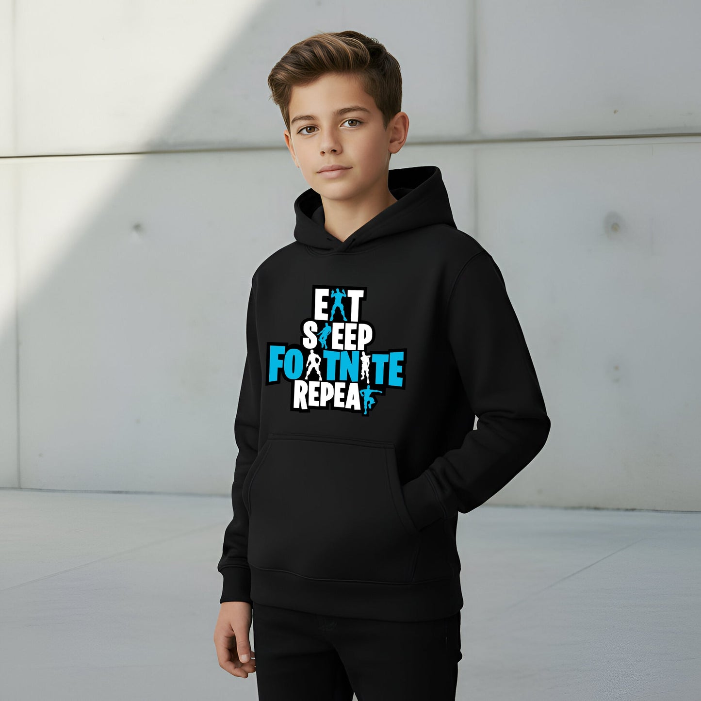 Fringoo Gamer Hoodie Black for Boys Cotton Rich Soft Hooded Sweatshirt - Eat Fortnite Black