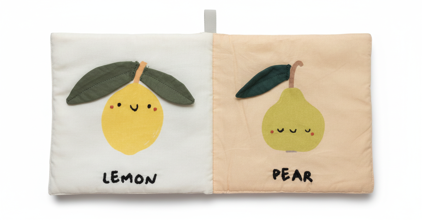 Livre en tissu sensoriel à effet froissé FRUITY PALS