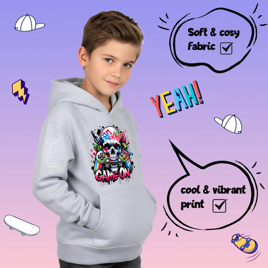Sweat à capuche gymnastique – Fringoo gaming gris for Boys Cotton Rich Soft Hooded – Game on Skull gris