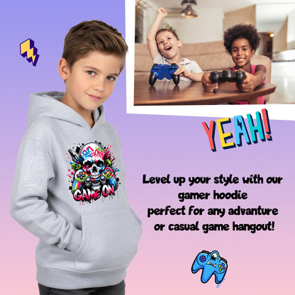 Fringoo gamer Sweat à capuche gris garçon Cotton Rich Soft Hooded Sweatshirt- Game on Skull gris