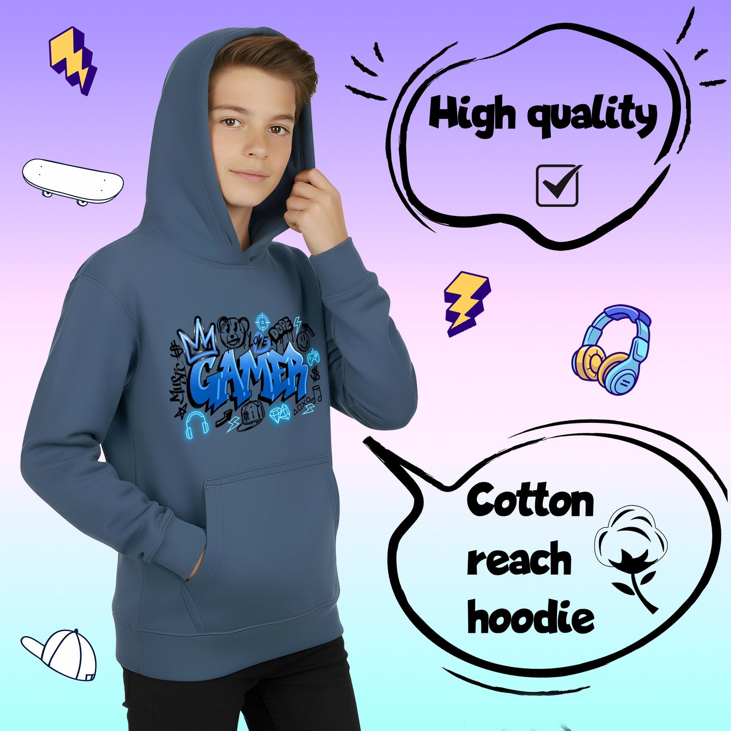 Fringoo gamer Sweat à capuche garçon Cotton Rich Soft Hooded Sweatshirt- gamer Graffiti bleu
