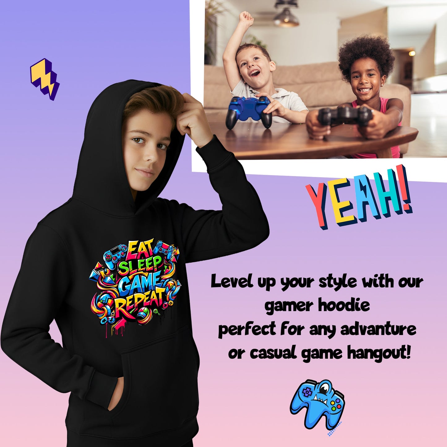 Fringoo gamer Sweat à capuche gris garçon Cotton Rich Soft Hooded Sweatshirt- Eat Game noir