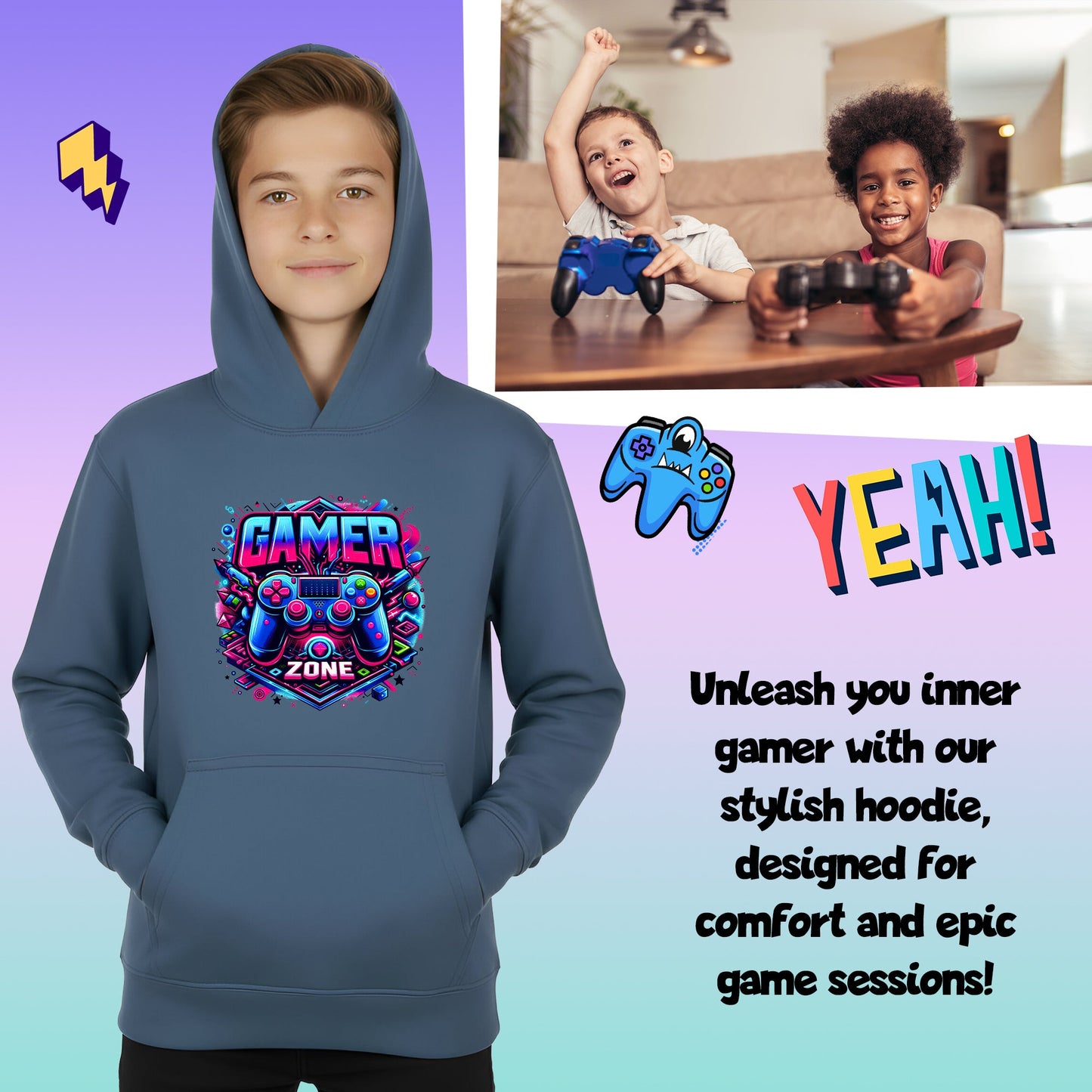 Fringoo gamer Sweat à capuche garçon Cotton Rich Soft Hooded Sweatshirt- gamer Zone bleu
