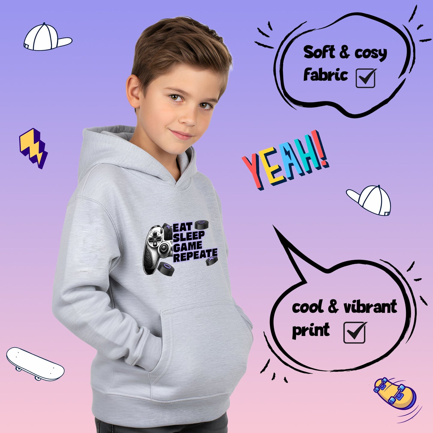 Fringoo Gamer Hoodie Grey for Boys Cotton Rich Soft Hooded Sweatshirt - Eat Game Pad Grey