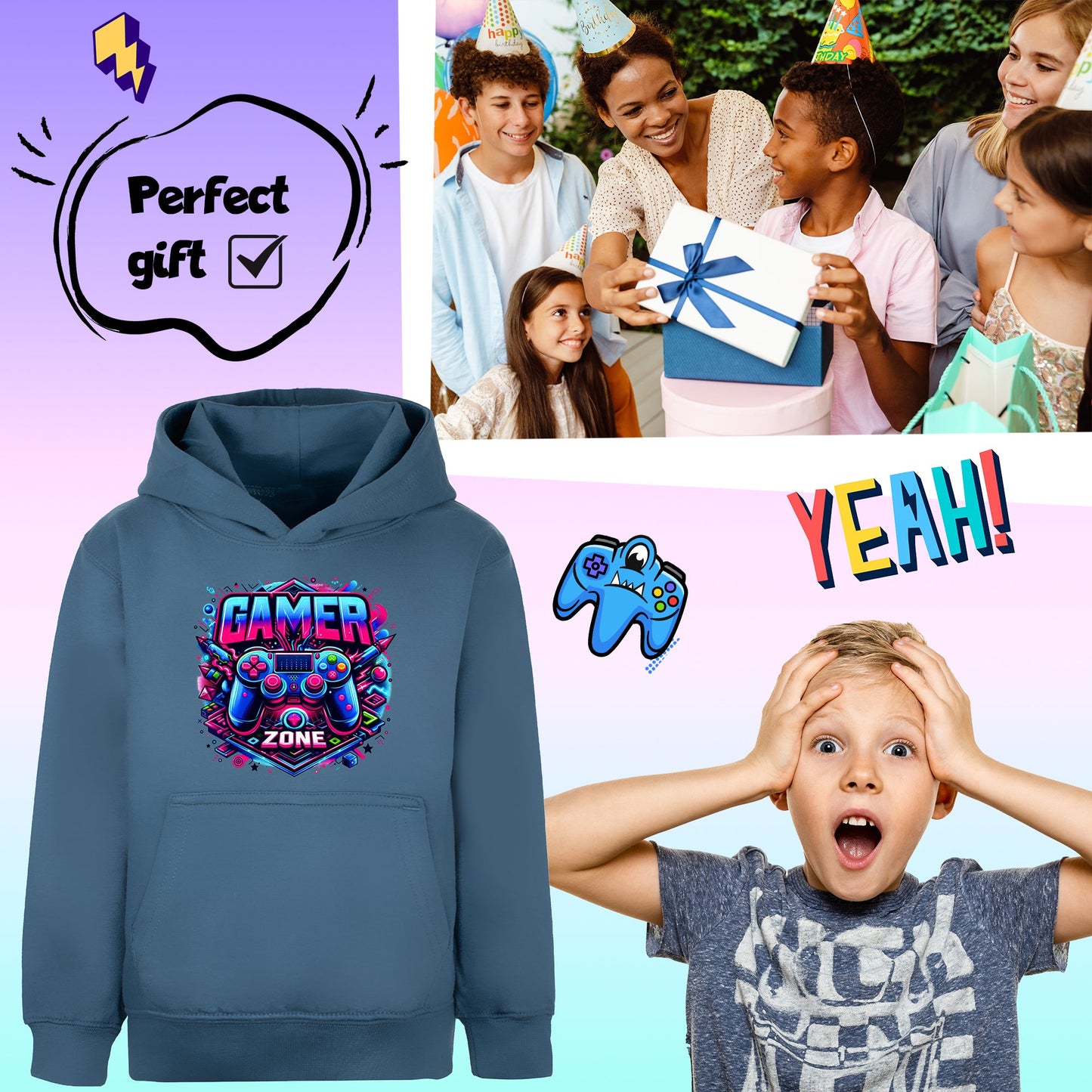 Fringoo gamer Sweat à capuche garçon Cotton Rich Soft Hooded Sweatshirt- gamer Zone bleu