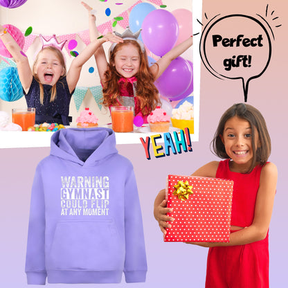 Fringoo Gymnastic Hoodie for Kids Cotton Rich Soft Hooded Sweatshirt - Gymnast Warning Purple