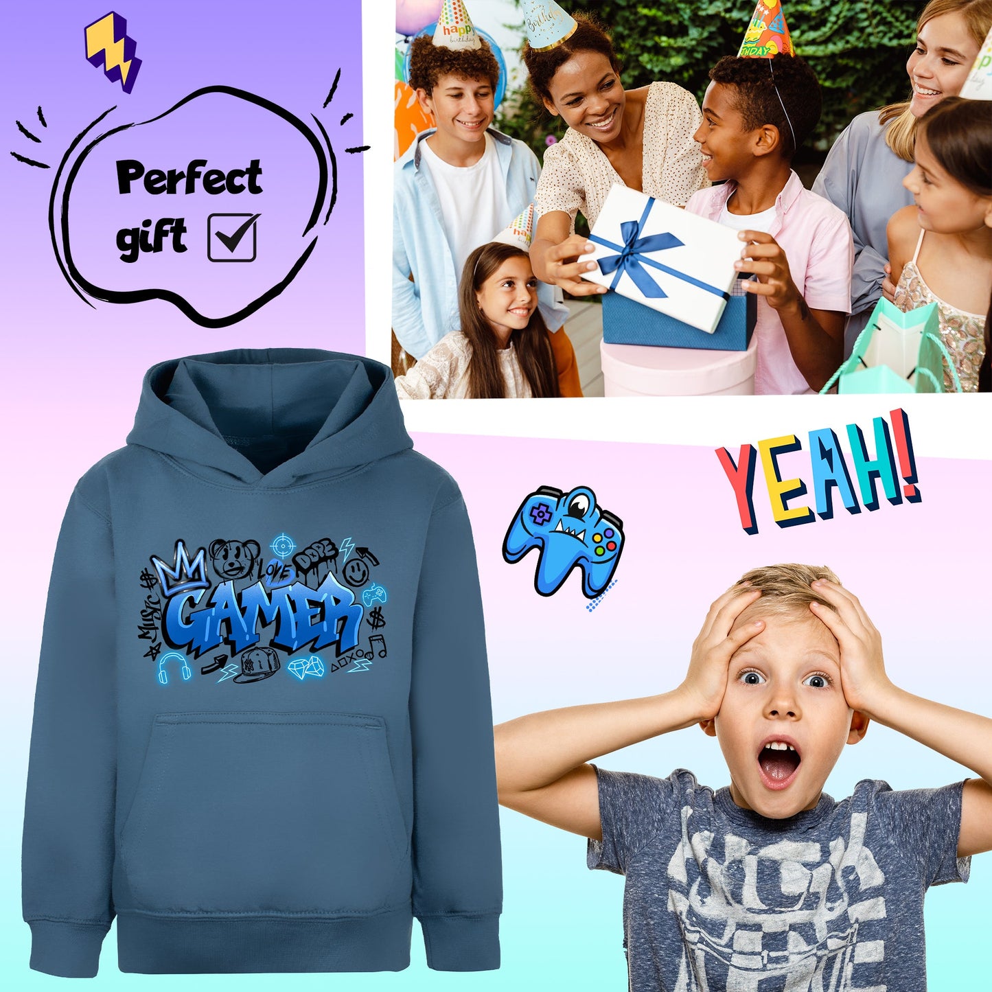Fringoo gamer Sweat à capuche garçon Cotton Rich Soft Hooded Sweatshirt- gamer Graffiti bleu