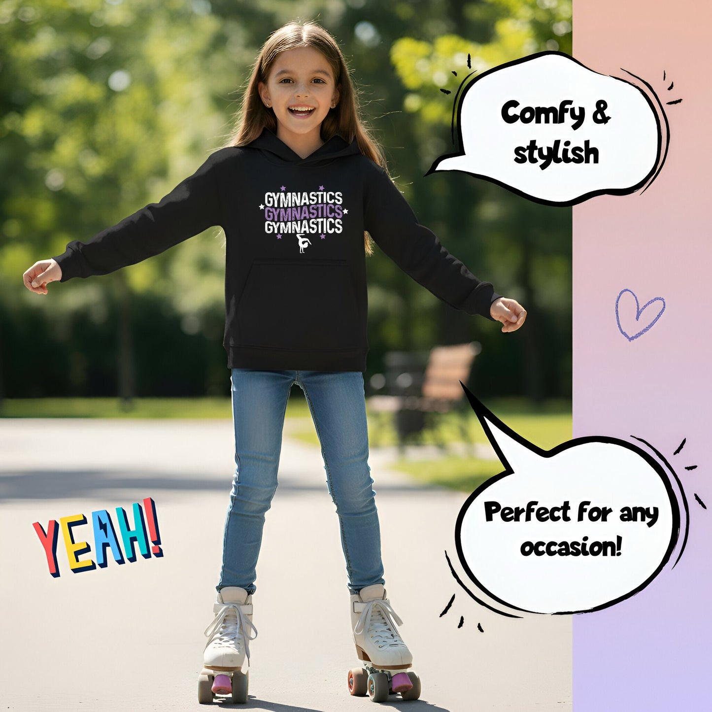 Fringoo Gymnastic Sweat à capuche for enfant Cotton Rich Soft Hooded Sweatshirt- Gymnasticx3- noir