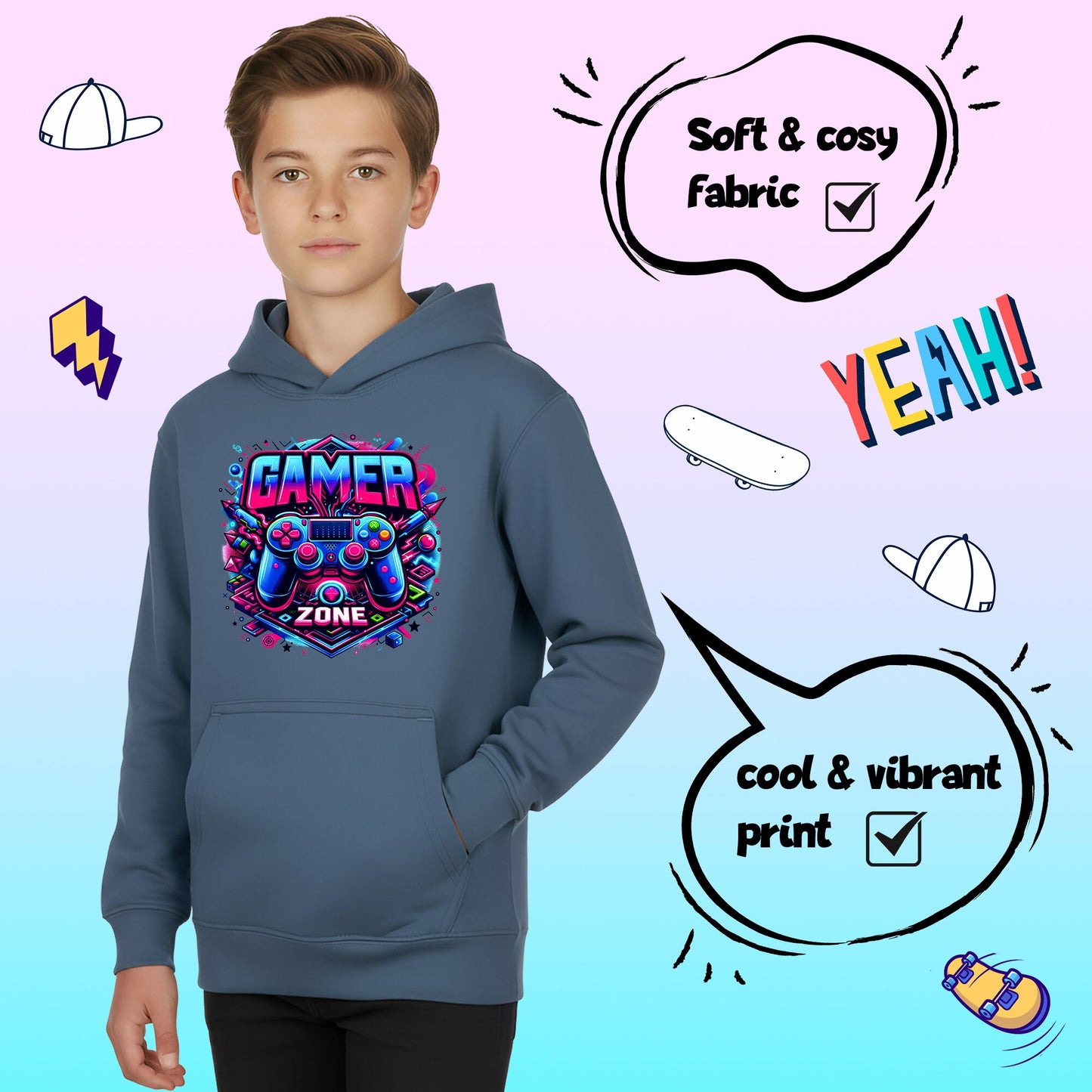 Fringoo gamer Sweat à capuche garçon Cotton Rich Soft Hooded Sweatshirt- gamer Zone bleu