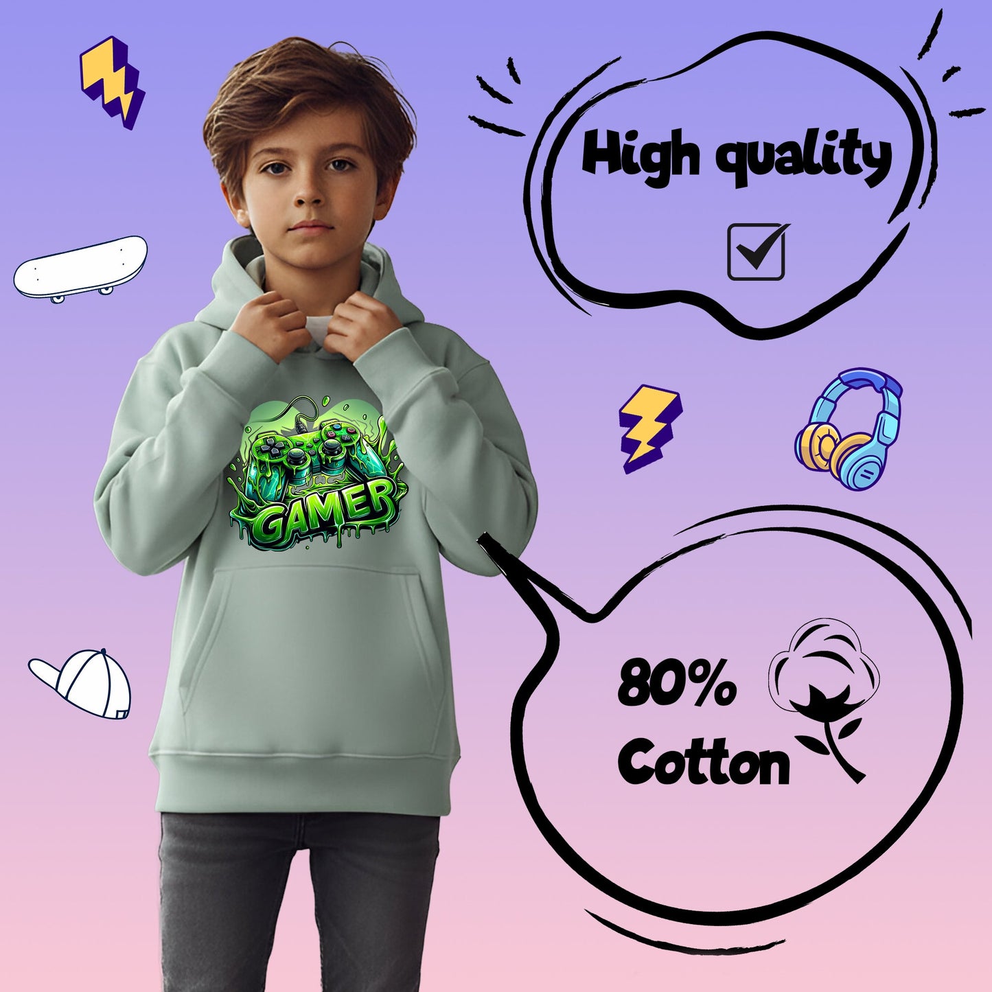 Fringoo gamer Sweat à capuche garçon Cotton Rich Soft Hooded Sweatshirt- gamer vert