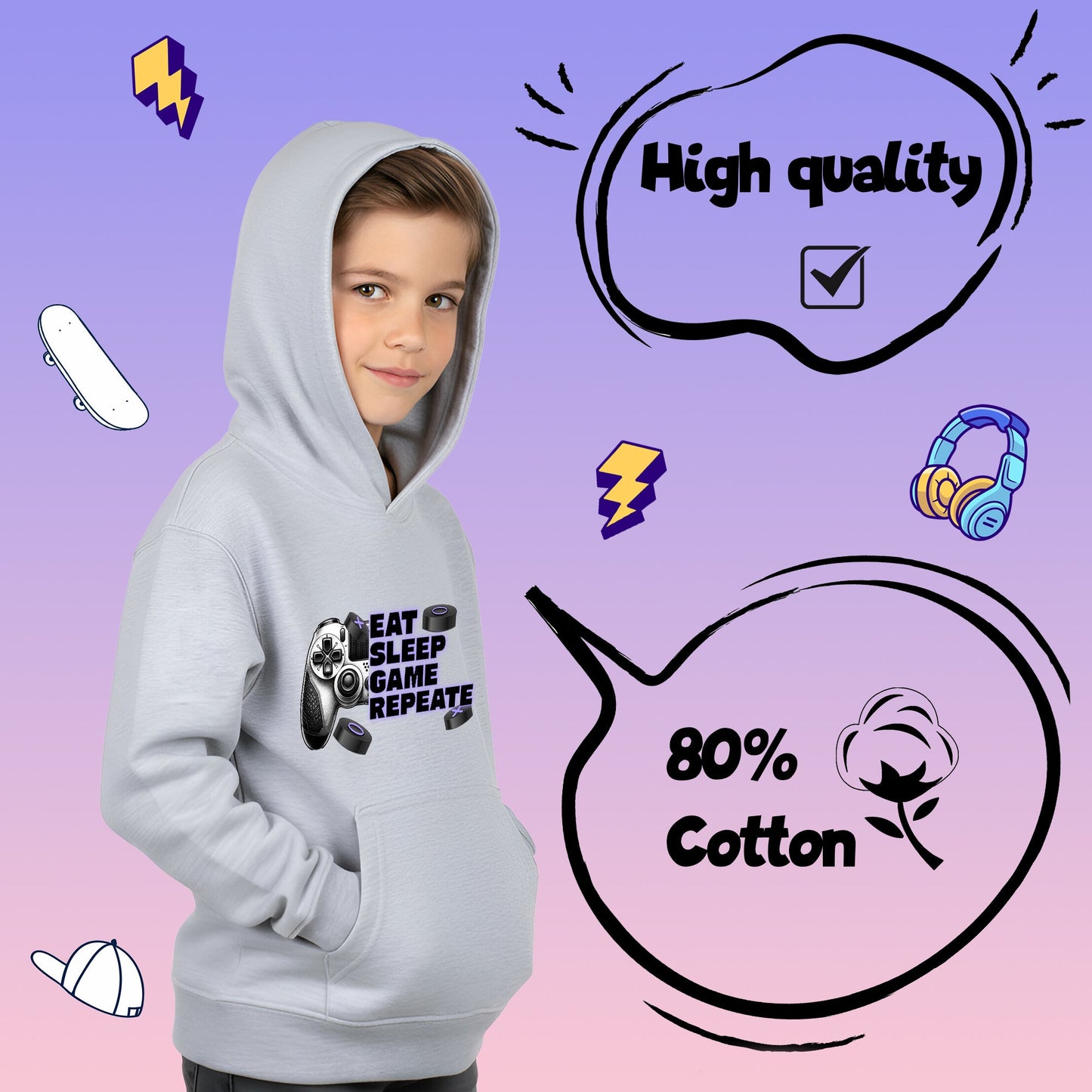 Fringoo Gamer Hoodie Grey for Boys Cotton Rich Soft Hooded Sweatshirt - Eat Game Pad Grey