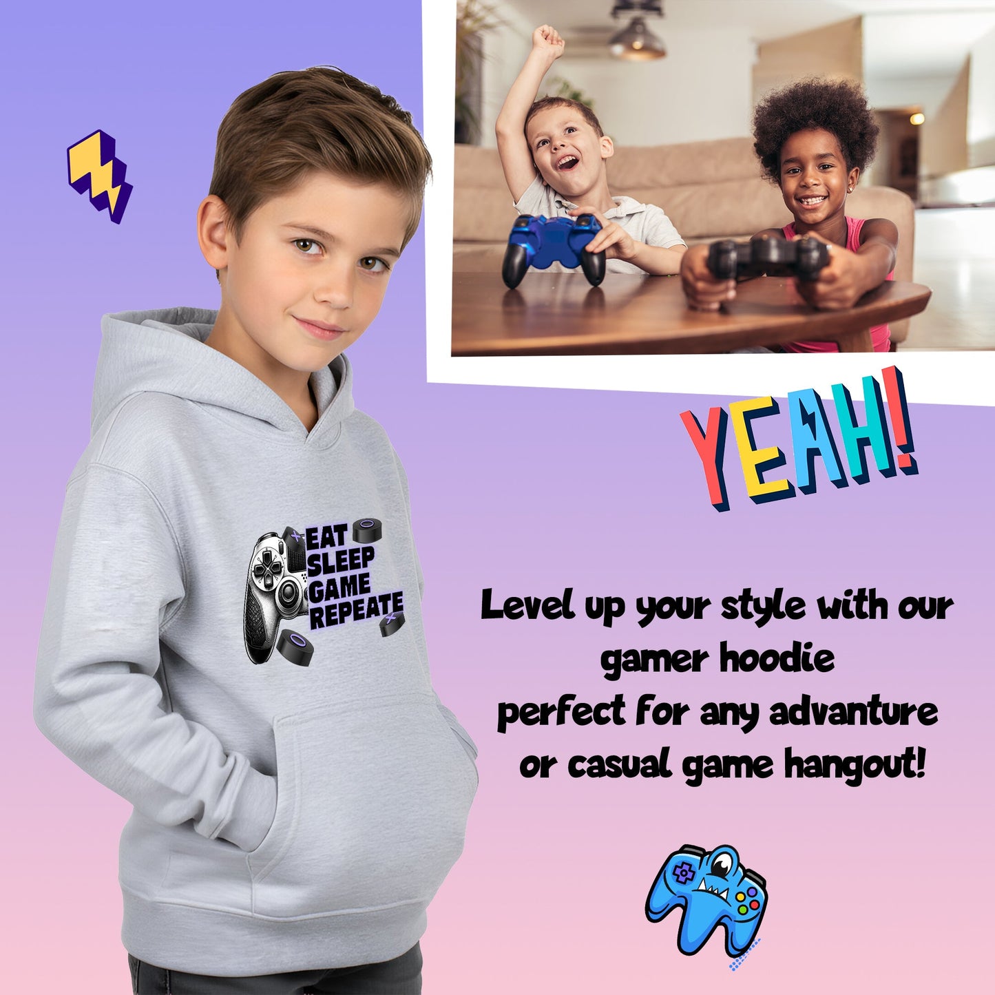 Fringoo Gamer Hoodie Grey for Boys Cotton Rich Soft Hooded Sweatshirt - Eat Game Pad Grey
