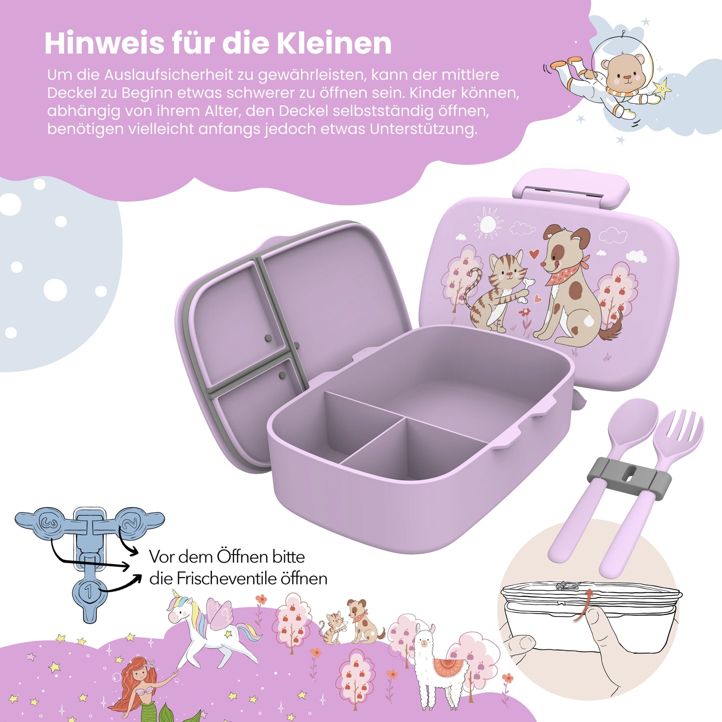 Brotdose Kinder Fächern, leicht & auslaufsicher - Hund Katze