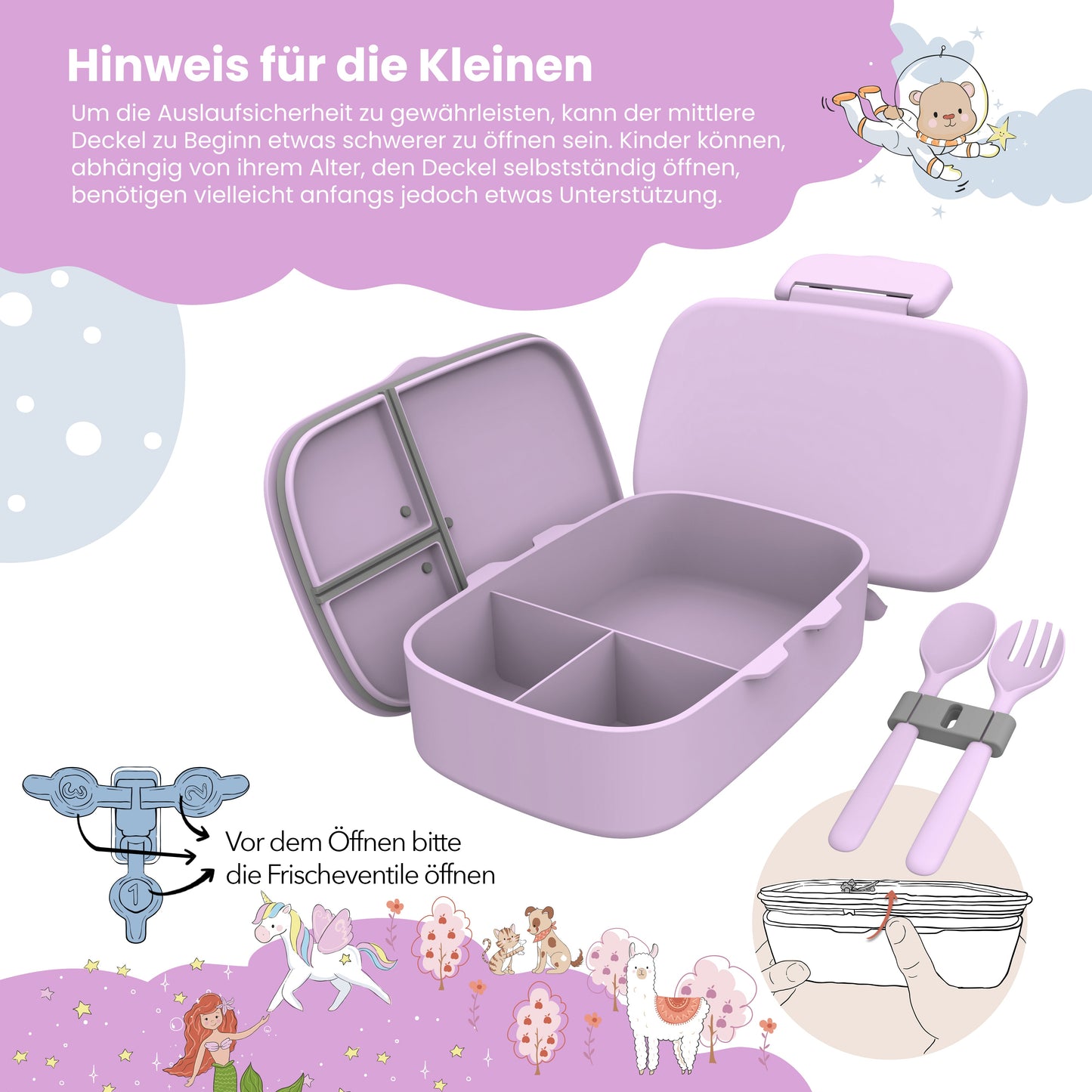 Brotdose Kinder mit Fächern, leicht & auslaufsicher - lila