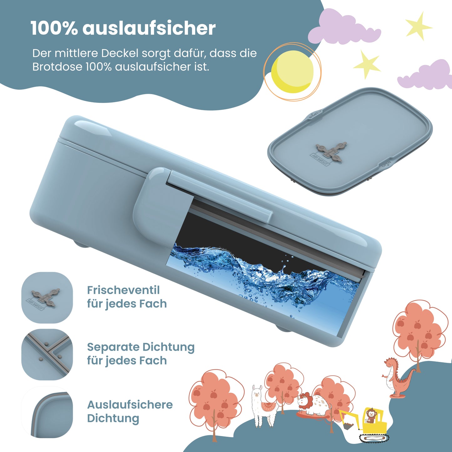 Brotdose Kinder mit Fächern, leicht & auslaufsicher - blau