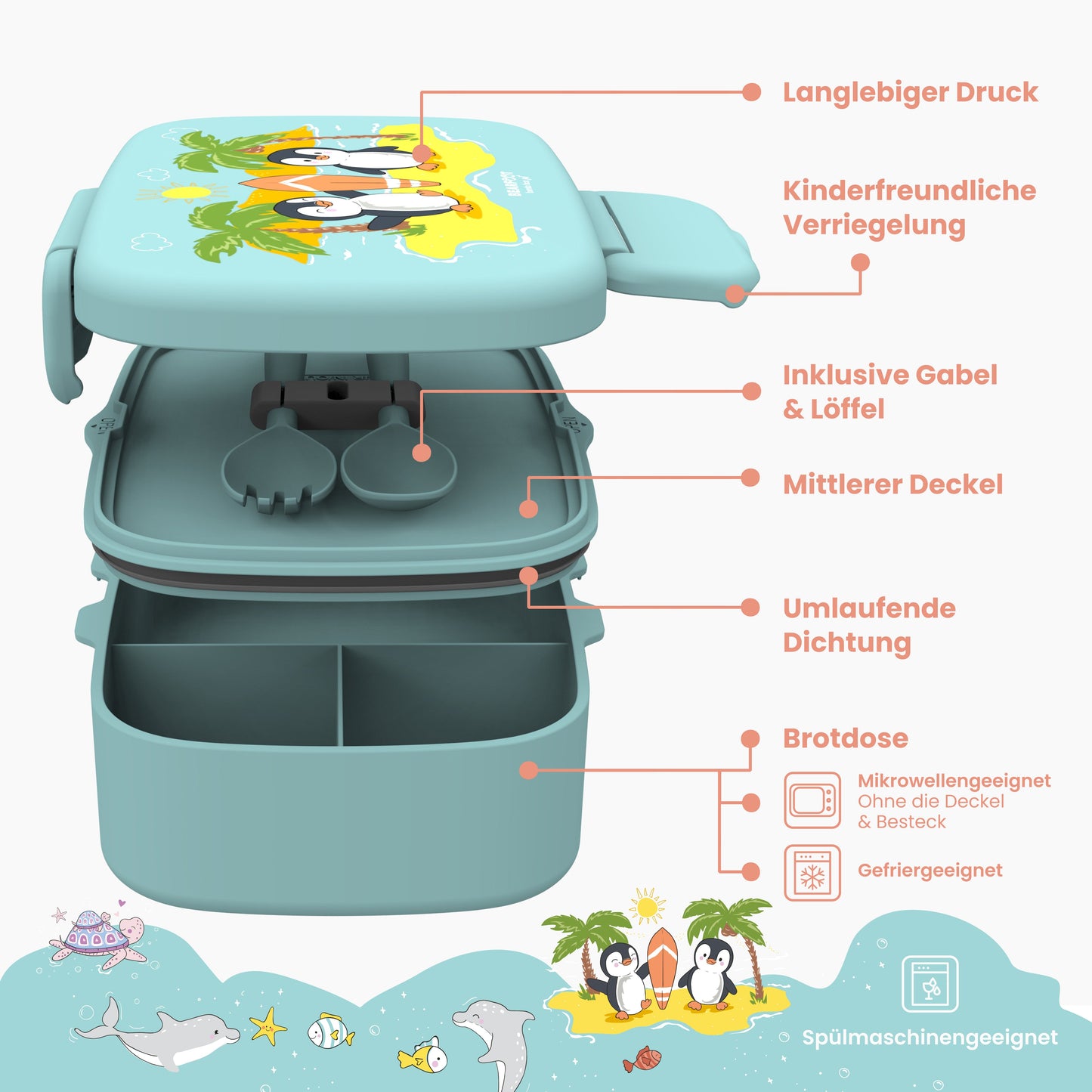 Brotdose Kinder mit Fächern, leicht & auslaufsicher- Pinguin