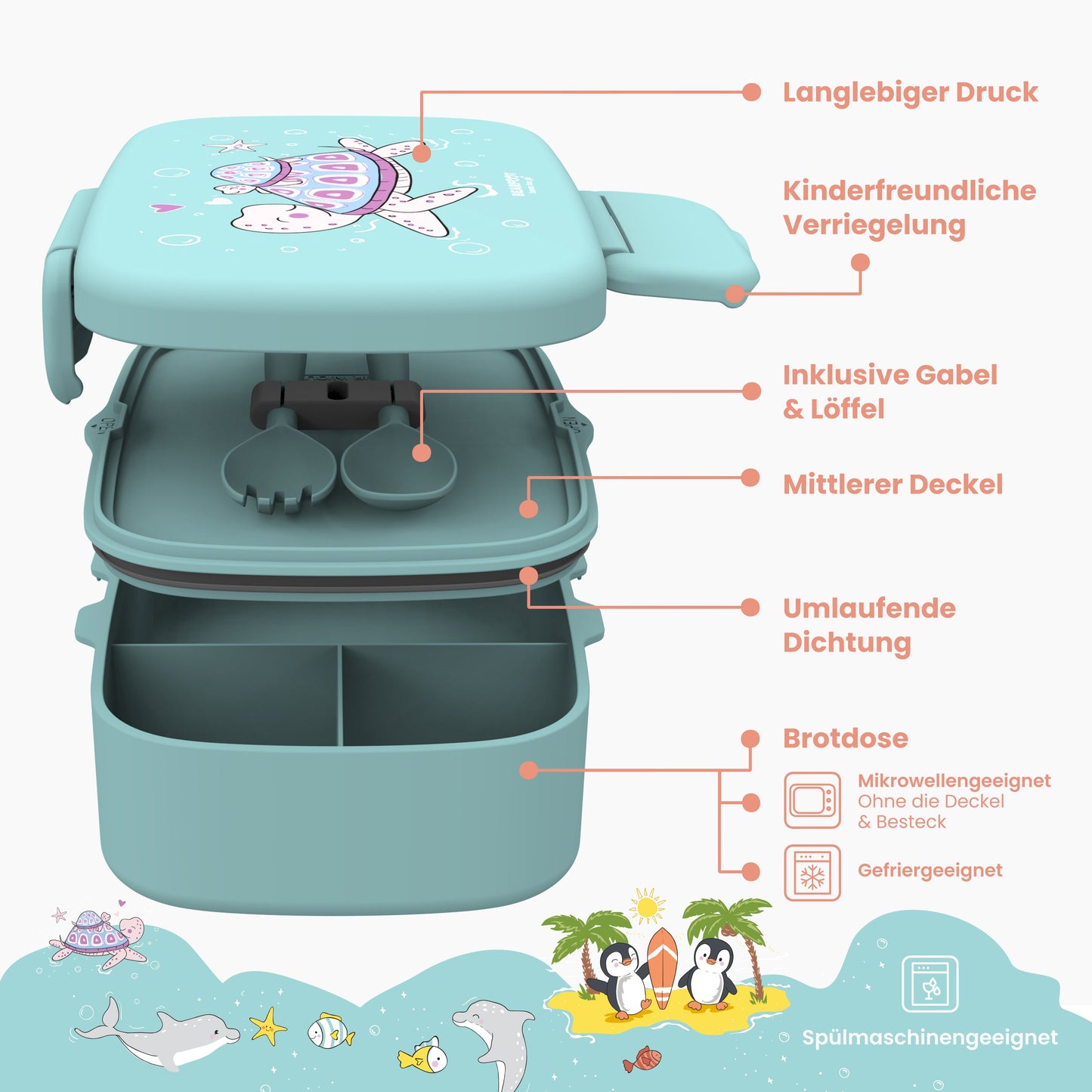 Children's Lunchbox with Compartments, Lightweight & Leakproof - Turtle