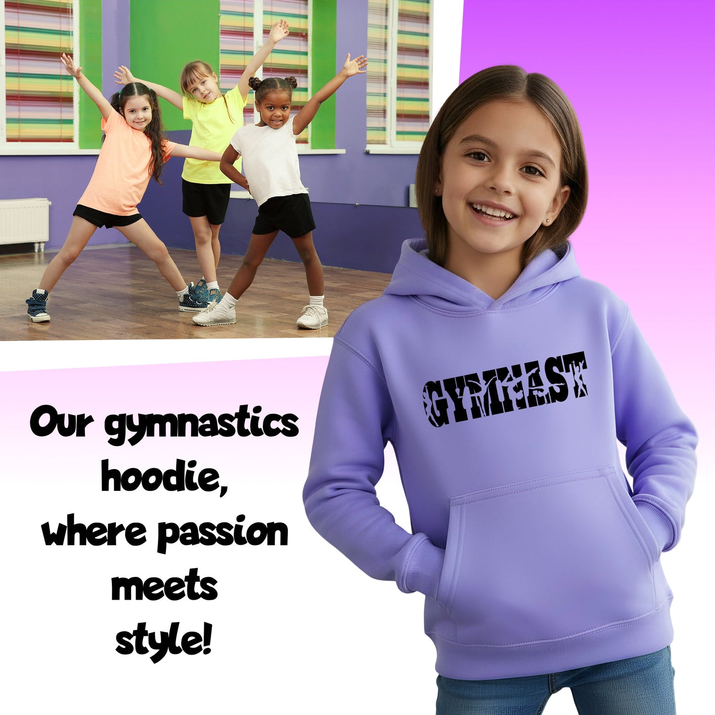 Fringoo Gymnastic Hoodie for Kids Cotton Rich Soft Hooded Sweatshirt - Gymnast Purple