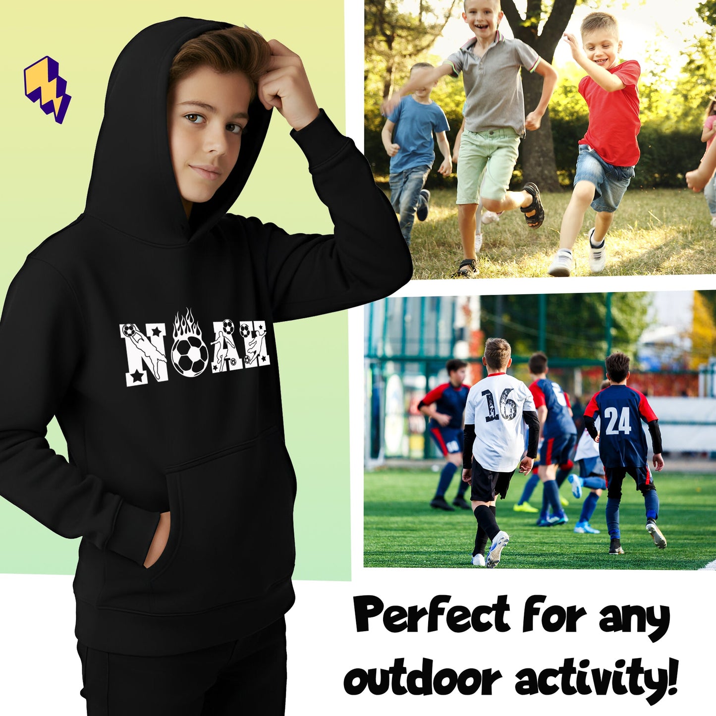 Fringoo football Sweat à capuche noir garçon Cotton Rich Soft Hooded Sweatshirt- football Alphabet noir