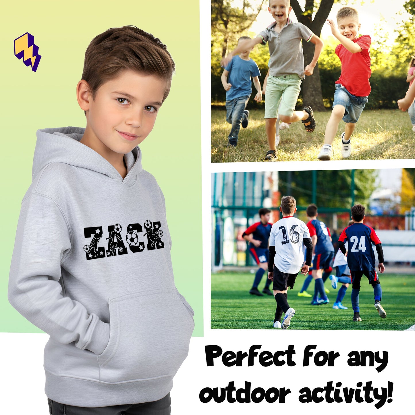 Fringoo football Sweat à capuche gris garçon Cotton Rich Soft Hooded Sweatshirt- football Alphabet gris