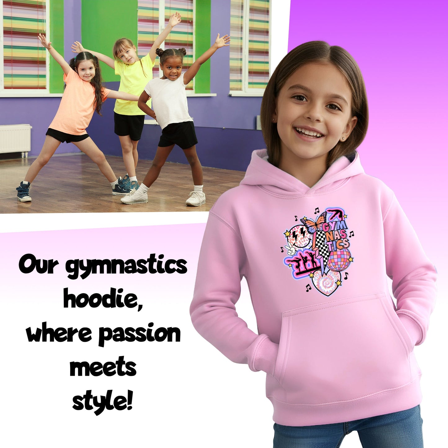 Fringoo Gymnastic Hoodie for Kids Cotton Rich Soft Hooded Sweatshirt - Gymnastic Vibes - Pink