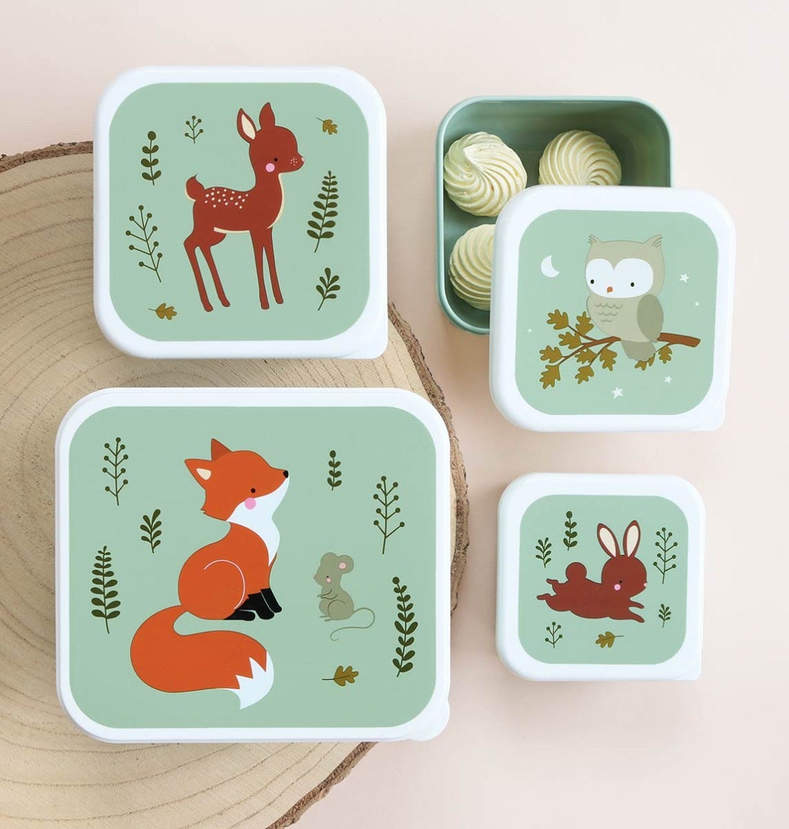 Lot de 4 boîtes repas et goûter - Amis de la forêt - sauge – vue 2 – A Little Lovely Company