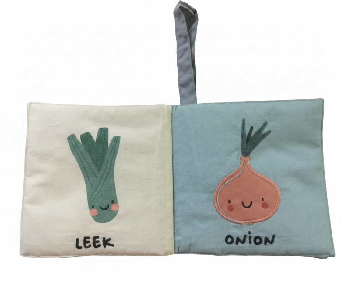 Livre en tissu sensoriel avec effet de froissement Veggie Pals