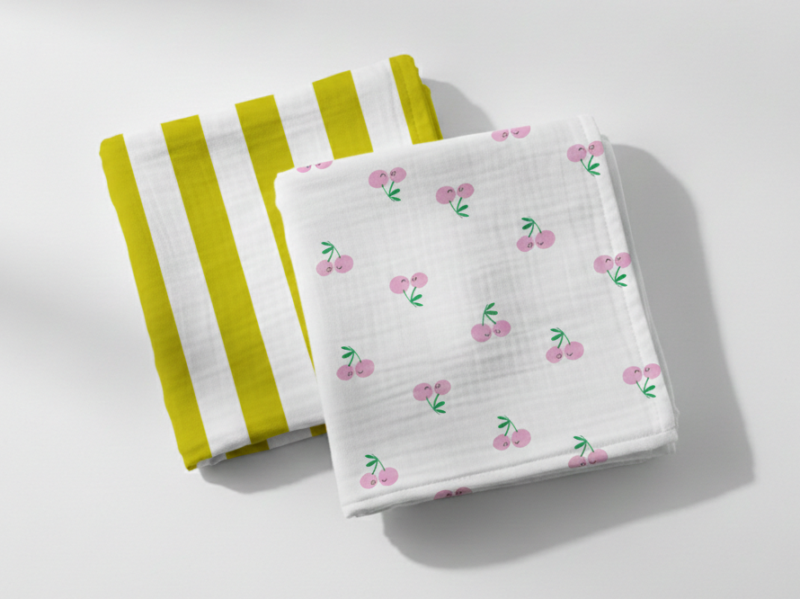 Chiffons en mousseline de coton, lot de 2, CHERRY POP