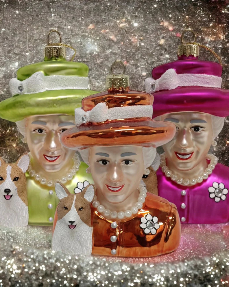 Adorno navideño naranja Queen Elizabeth y Corgi