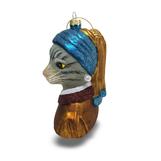 Girl with a Pearl Bead Christmas Bauble Tabby Cat