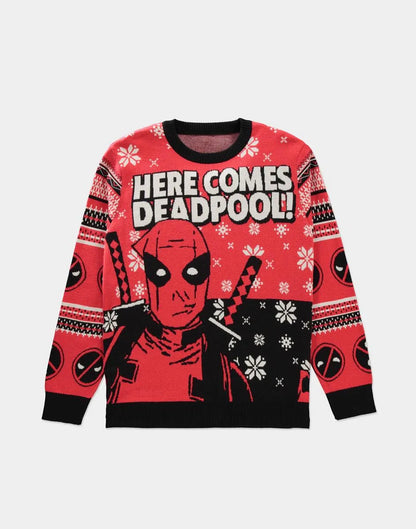 Suéter navideño de Deadpool "Aquí viene Deadpool" 